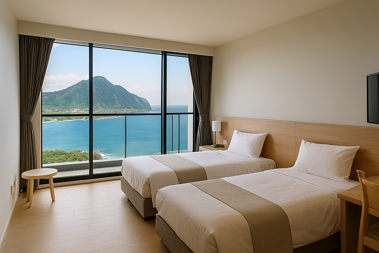 山海景觀房：兩張單人床與山海景觀陽台